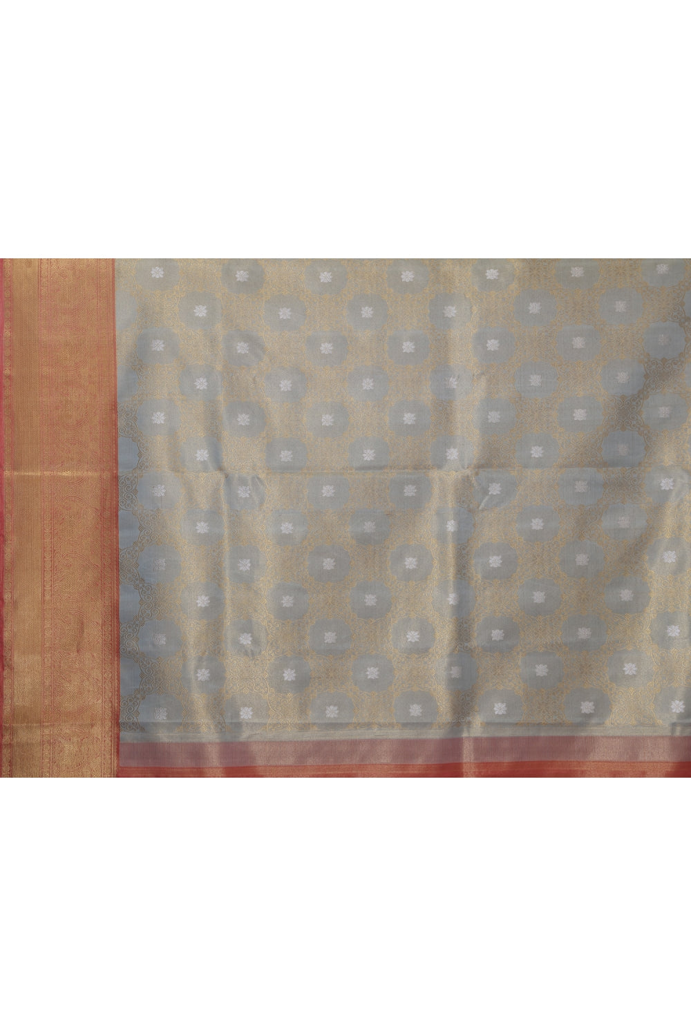 Real Jari Silver Golden Lotus Brocade Silk Kanjeevaram Saree Devam