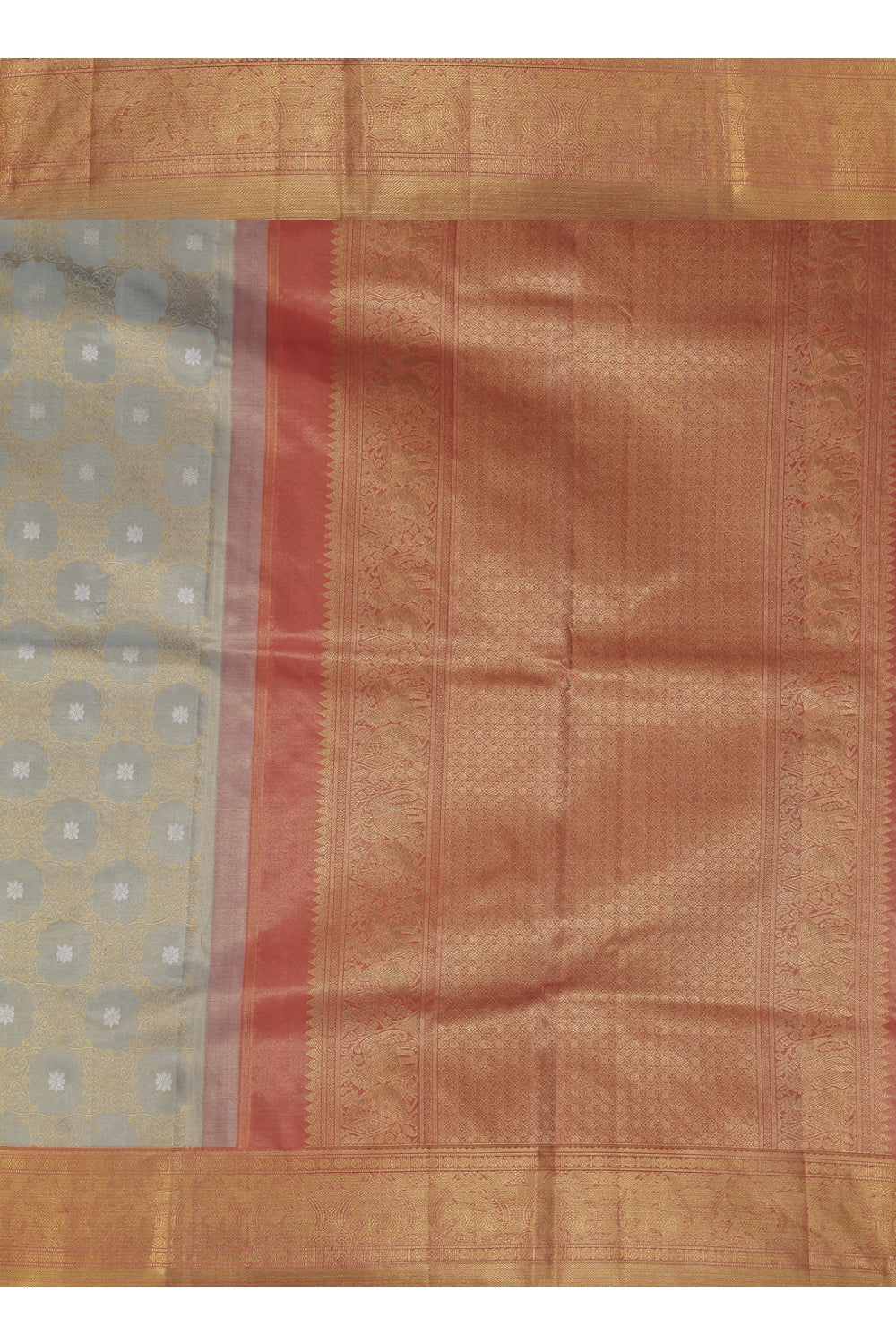 Real Jari Silver Golden Lotus Brocade Silk Kanjeevaram Saree Devam