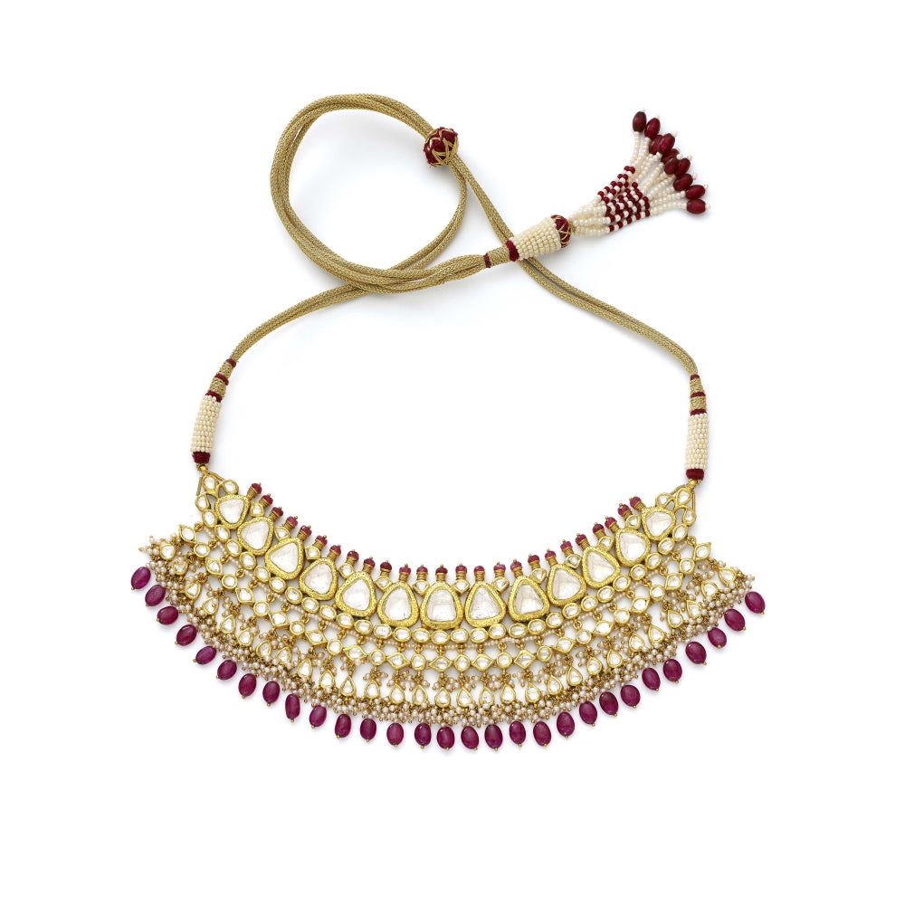 Polki Diamond, Pearl And Ruby 22k Yellow Gold Necklace Set Devam