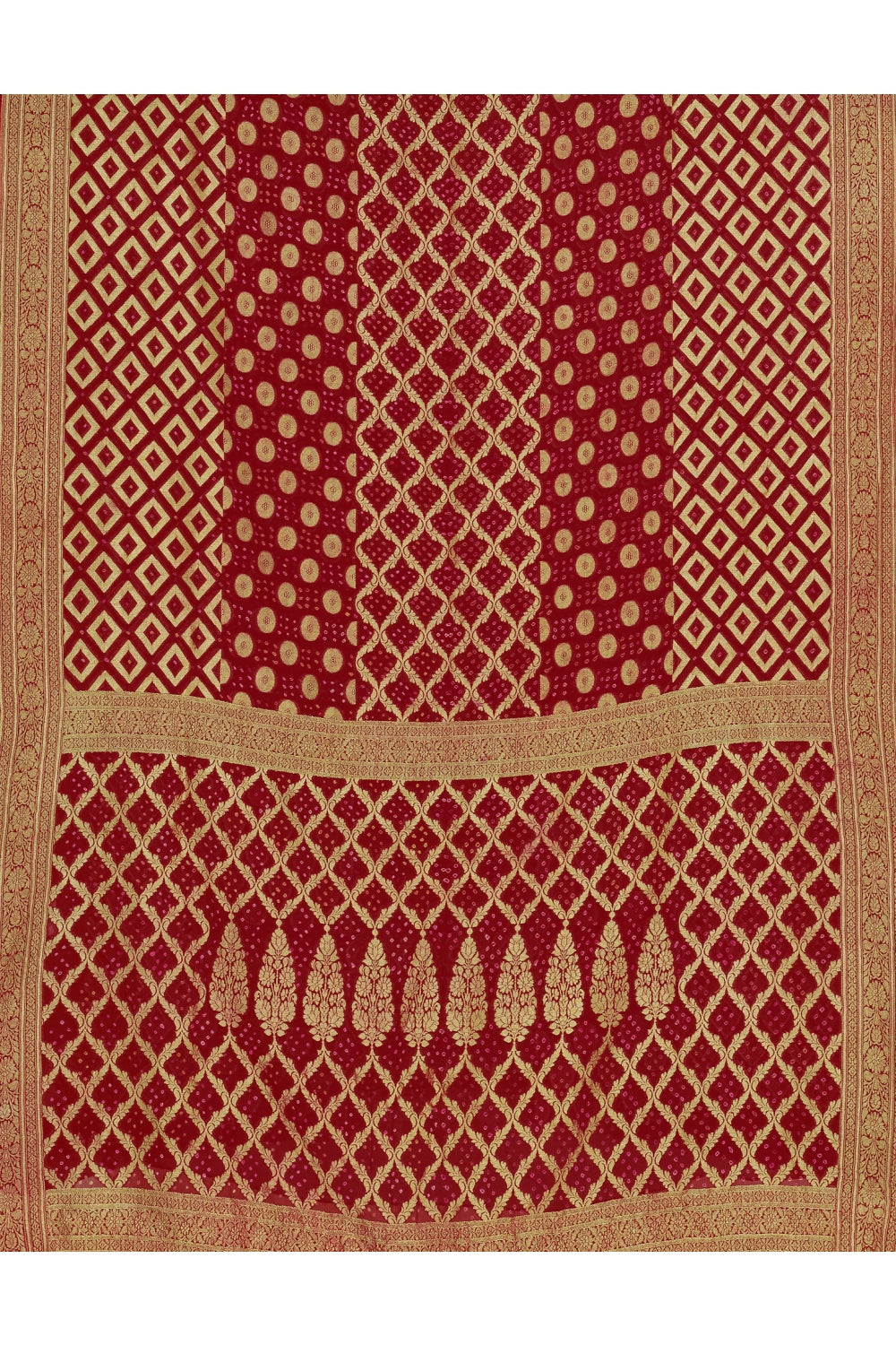 Red & Gold Multi Textured Silk Banarasi Saree Devam