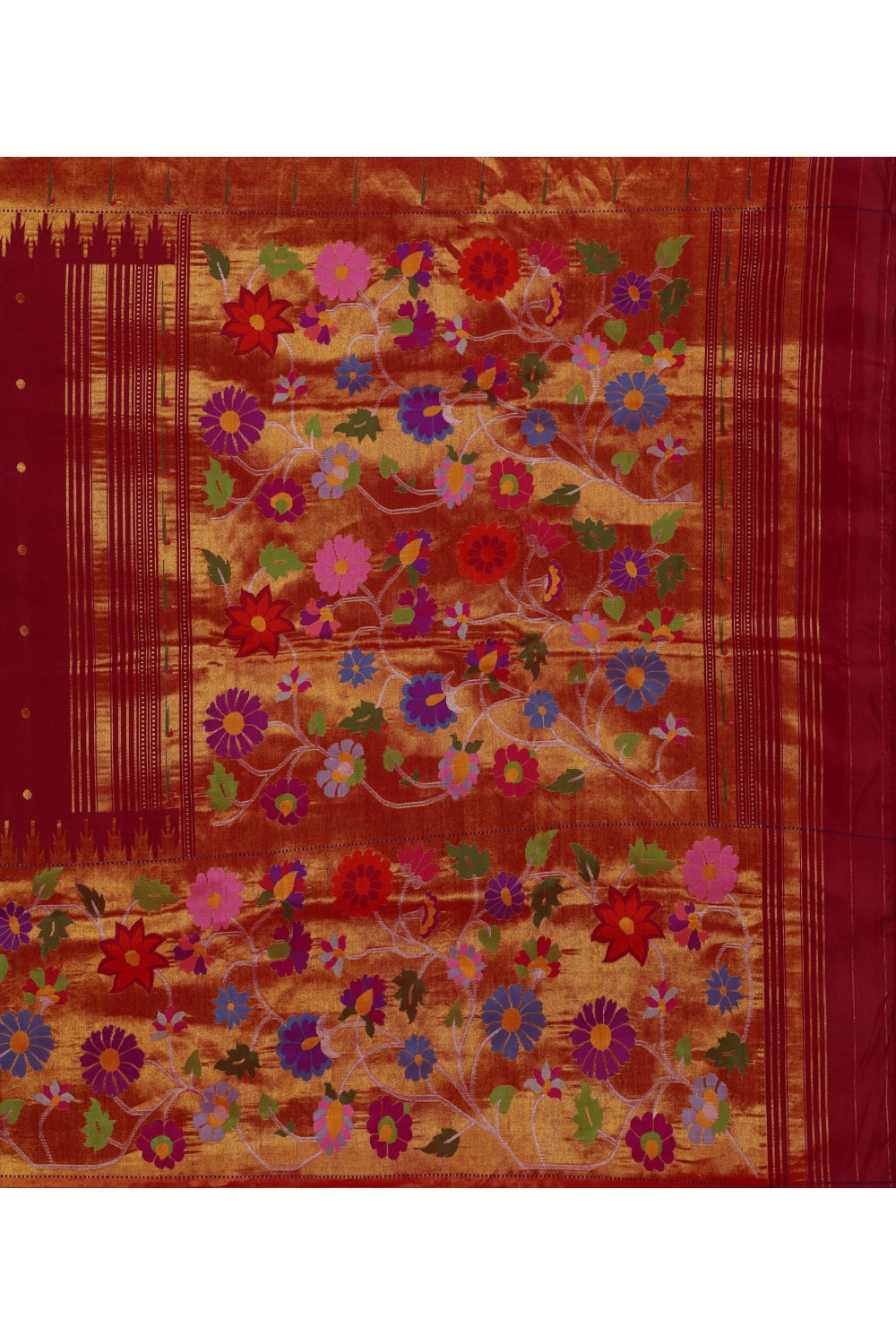 Vivid Red & MultiColor Floral Real Jari Silk Paithani Saree Devam