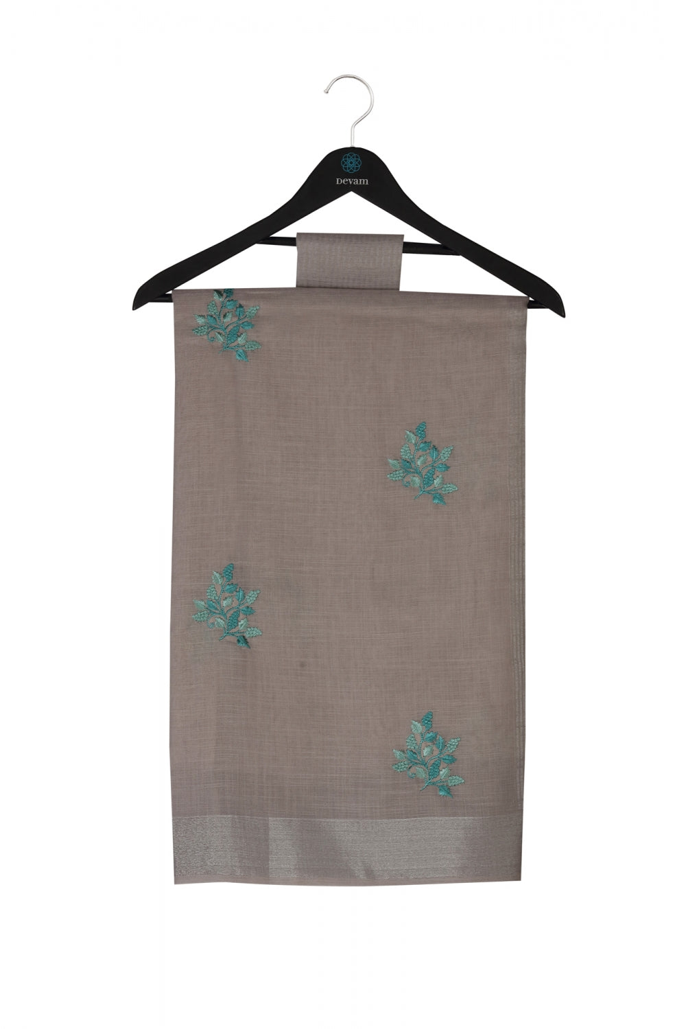 Beige Hand Embroidered Handloom Linen Saree Devam