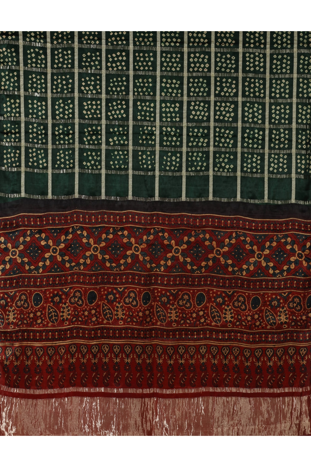 Ajrakh Hand Block Printed and Bandhej Silk Handloom Saree Devam