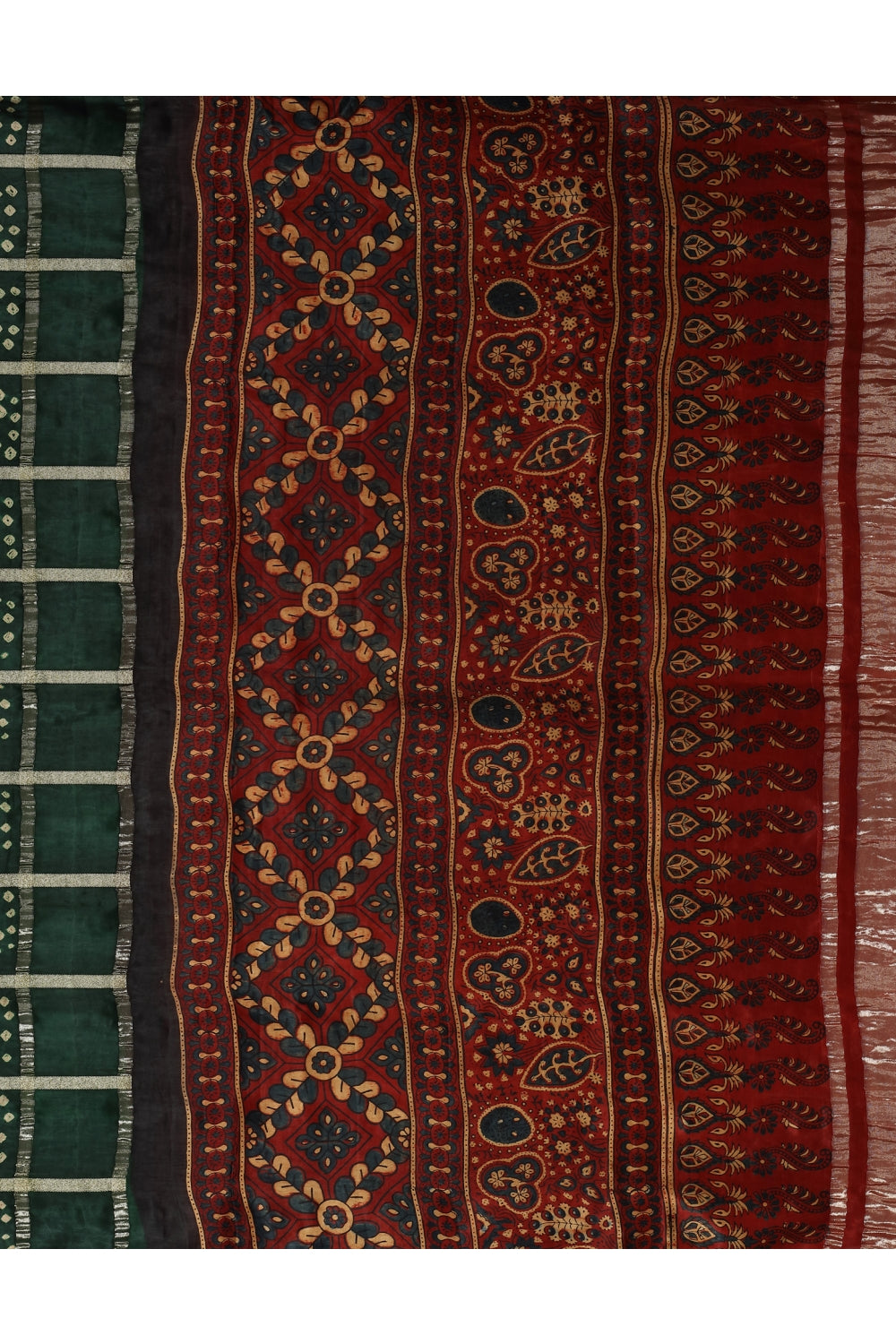 Ajrakh Hand Block Printed and Bandhej Silk Handloom Saree Devam