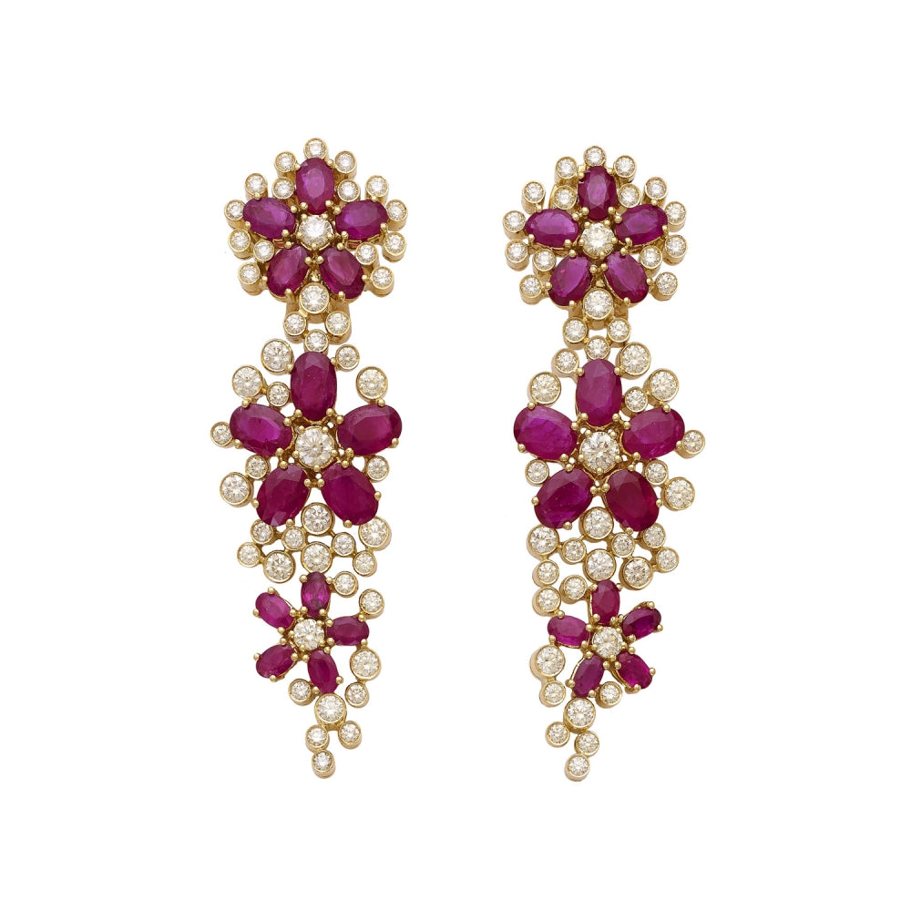 18k Yellow Gold Ruby Blossom & Diamond Earrings Devam