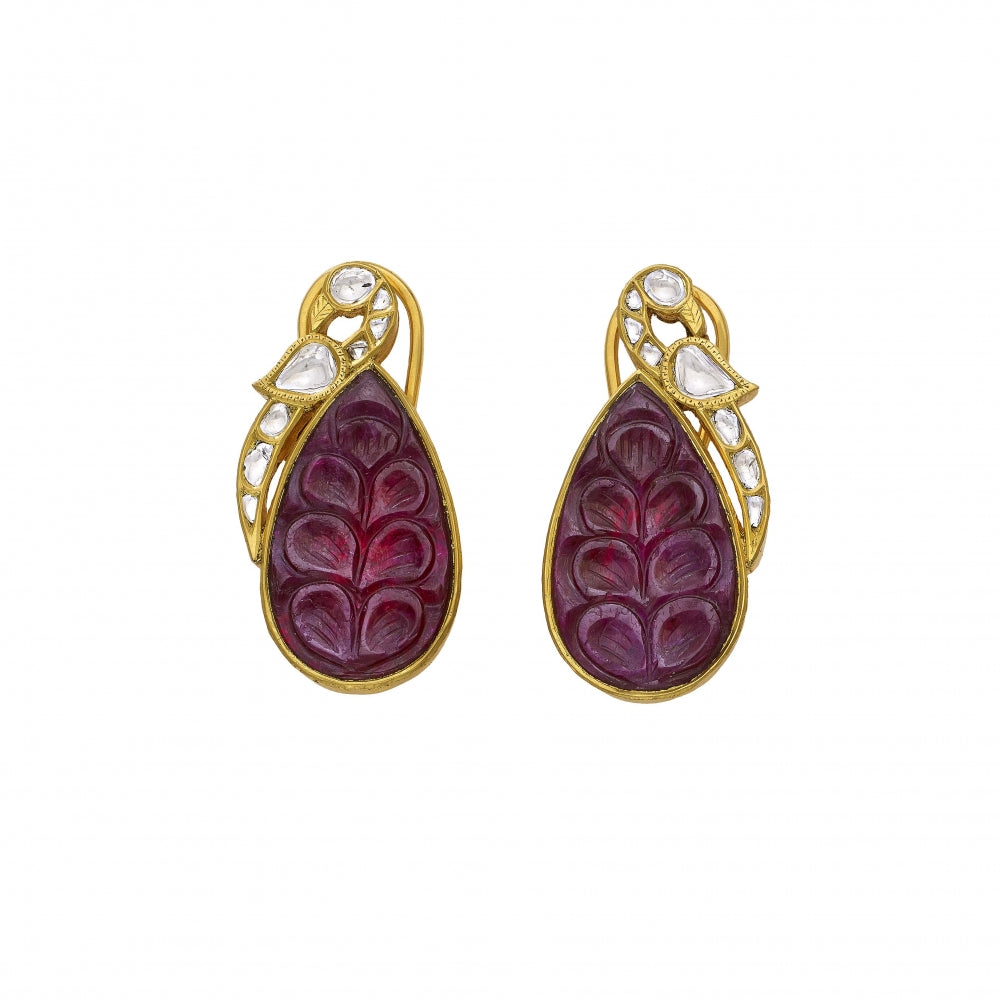22k Yellow Gold Carved Peacock Ruby Polki Diamond Earrings Devam