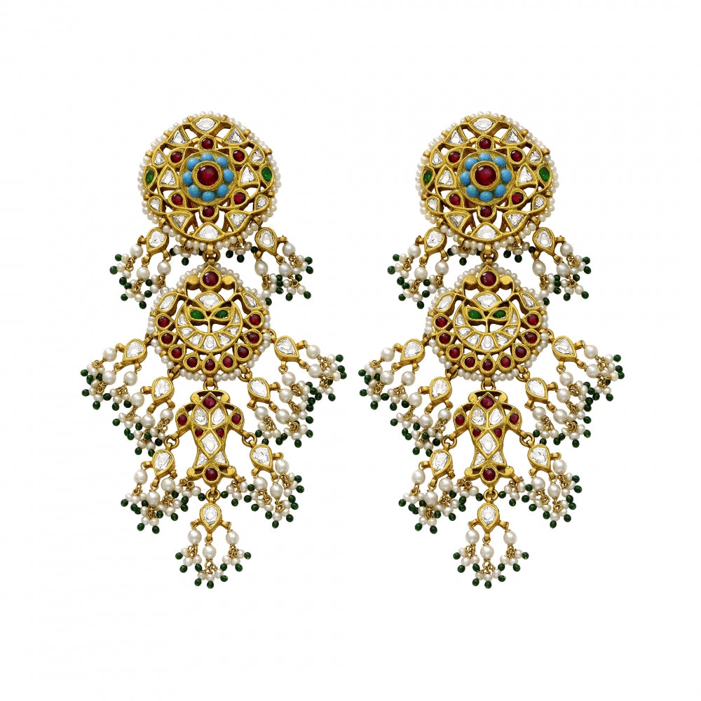 22k Yellow Gold Gemstone & Polki Diamond Earrings Devam