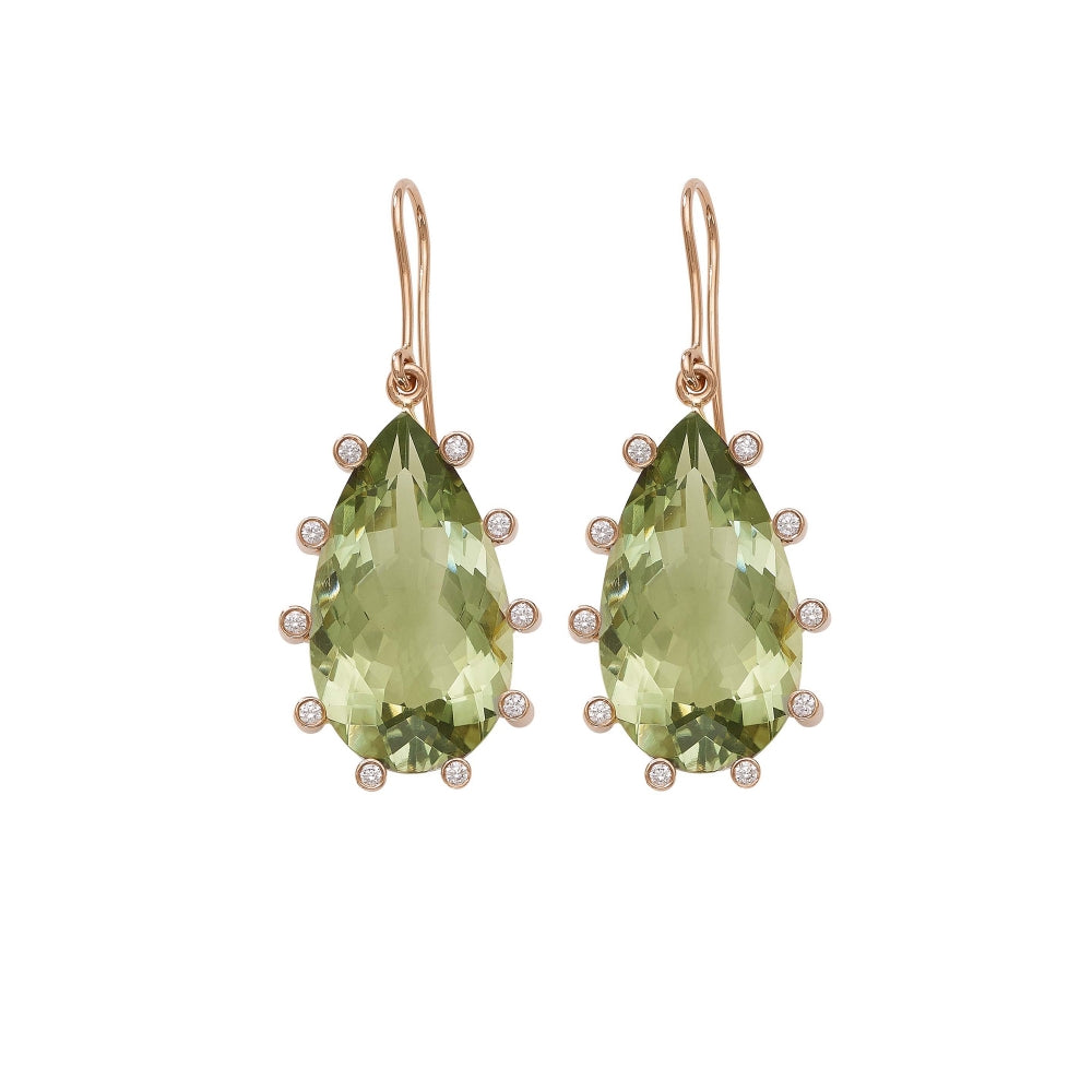 18k Gold Green Amethyst & Diamond Pear Drop Earrings Devam