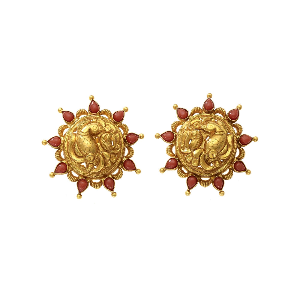 22k Yellow Gold Coral Sol Morchakra Medallion Temple Earrings Devam
