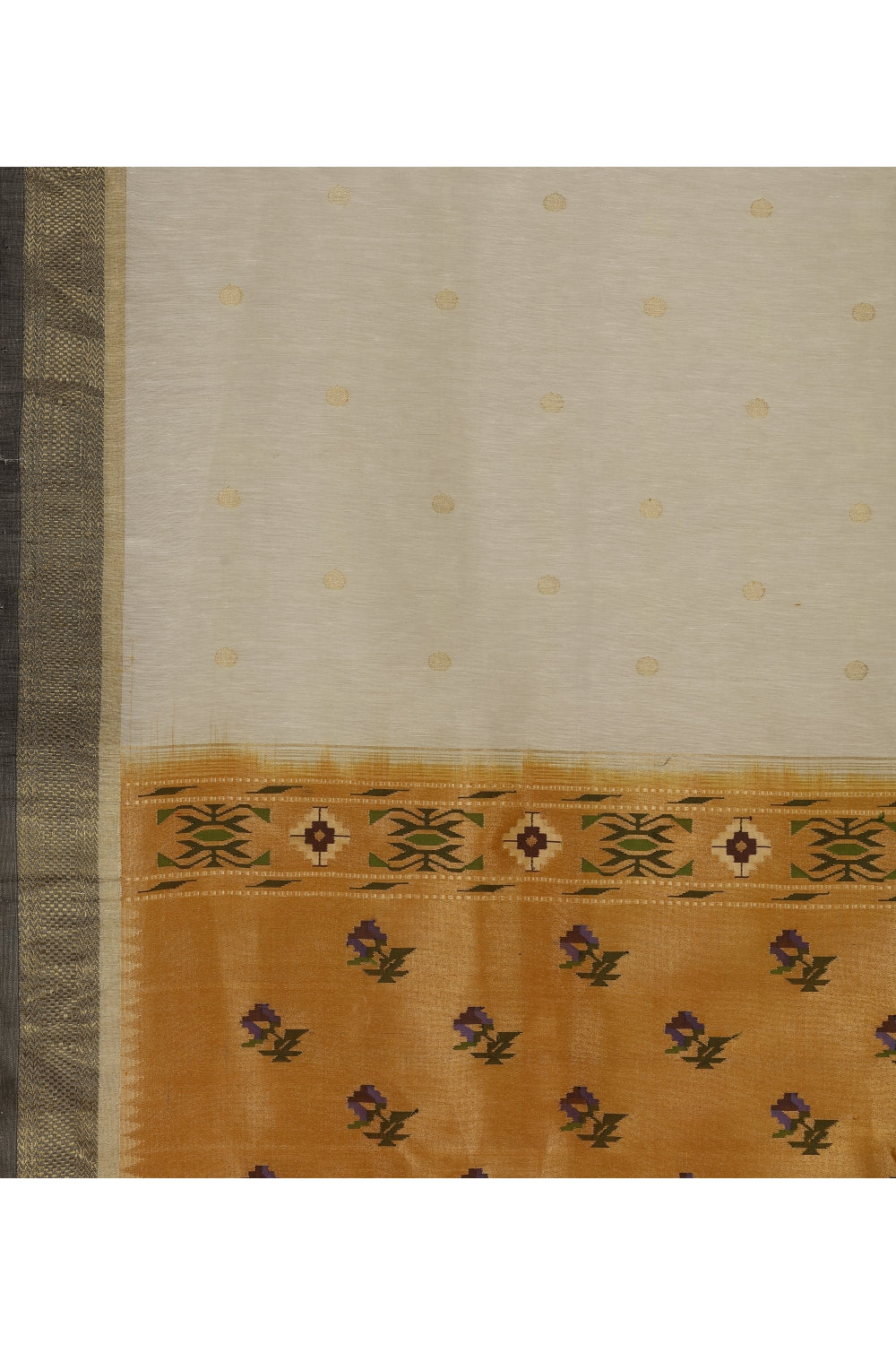 White and Gold Paithani Handloom Saree with Purple Flower Motif Devam