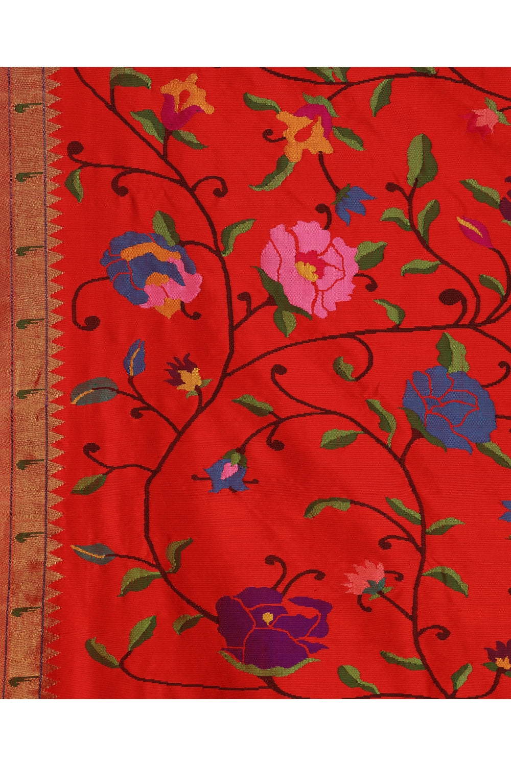 Red Silk Paithani Saree with Floral and Bird Motif Devam