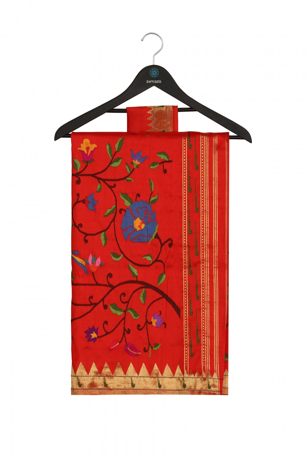Red Silk Paithani Saree with Floral and Bird Motif Devam