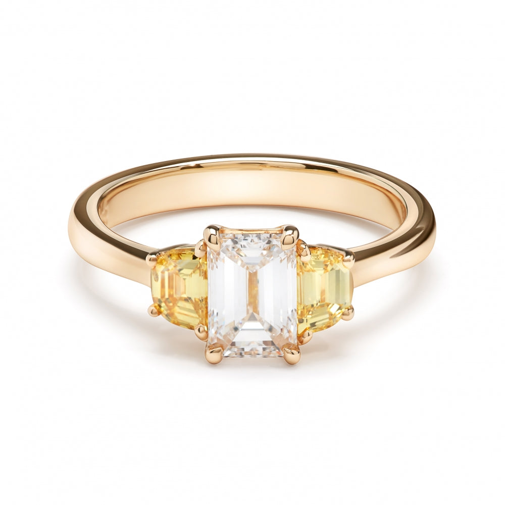 Emerald Cut Diamond Between Two Intense Yellow Diamonds Engagement Ring Devam
