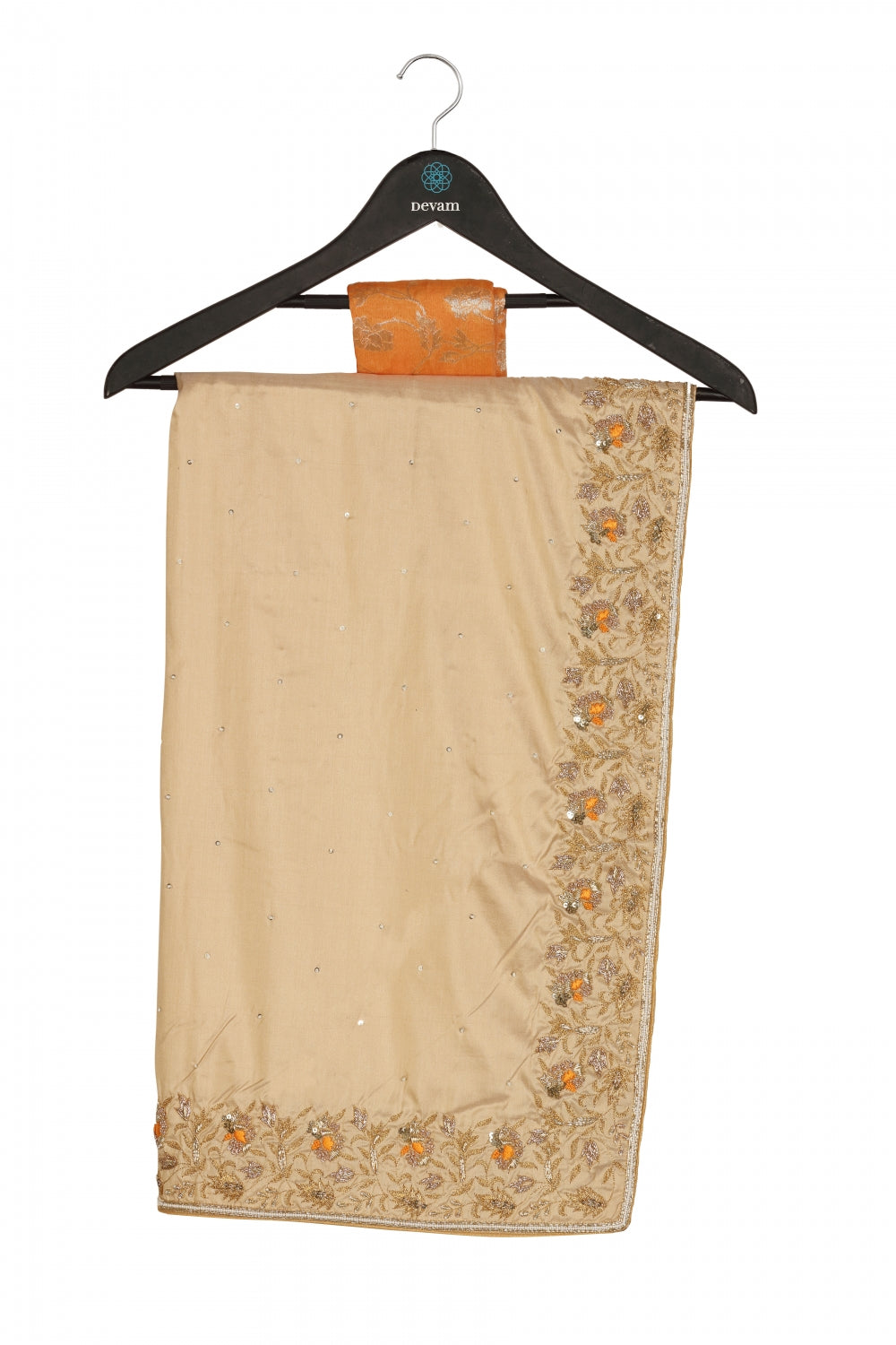 Beige & Orange Silk Hand Embroidered Saree Devam