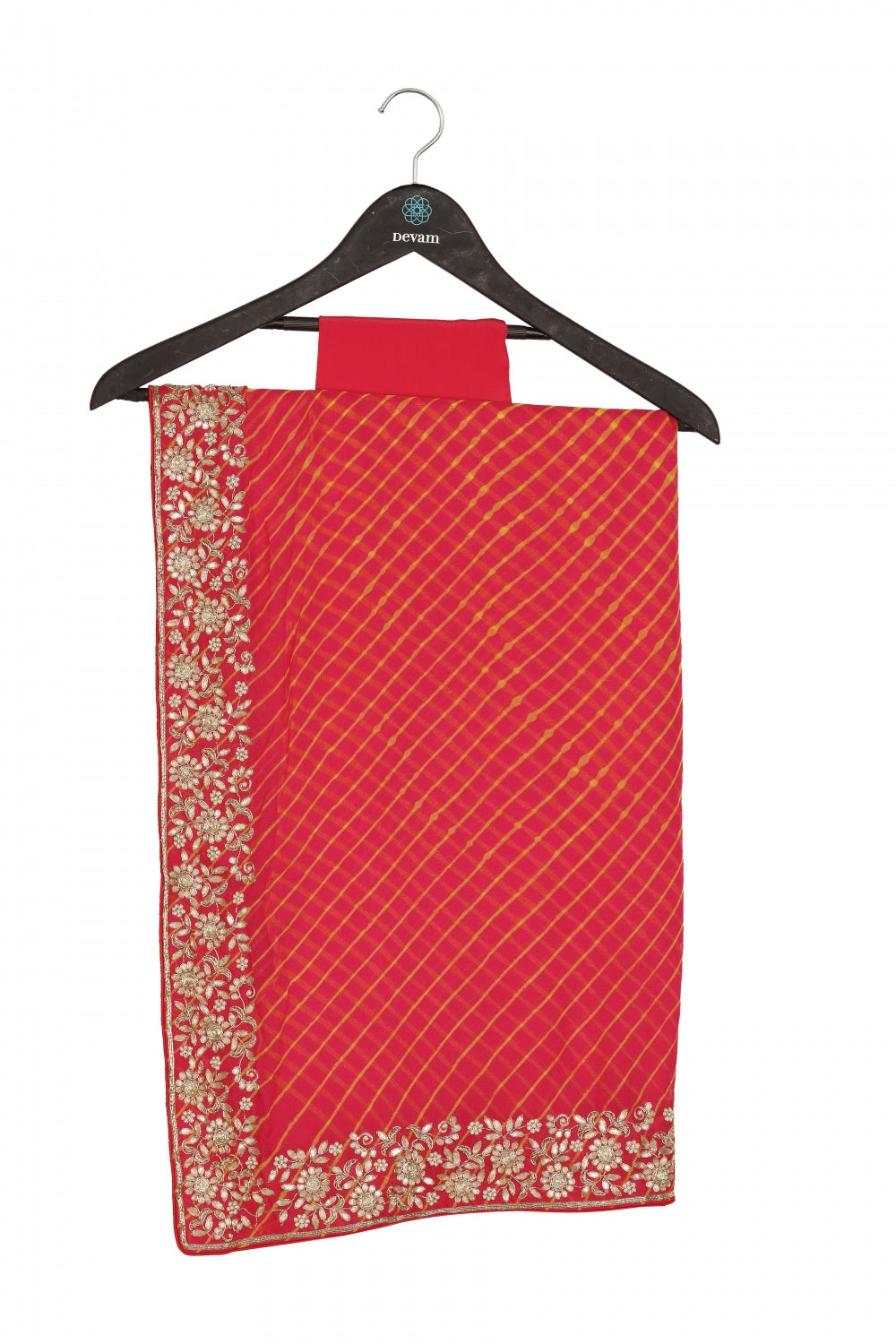 Red Georgette Leheriyan Hand Embroidered Saree Devam