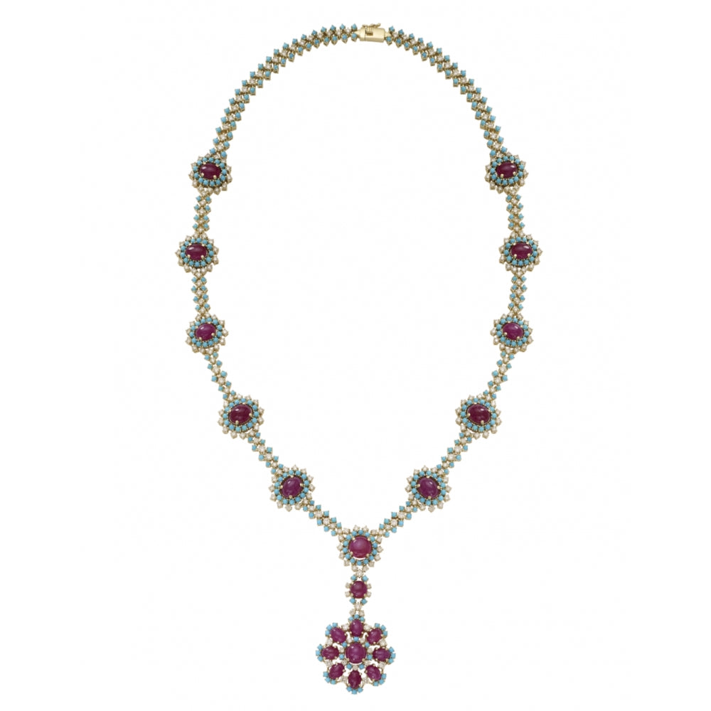 18k Floral Ruby & Turquoise Necklace With Pendant Devam