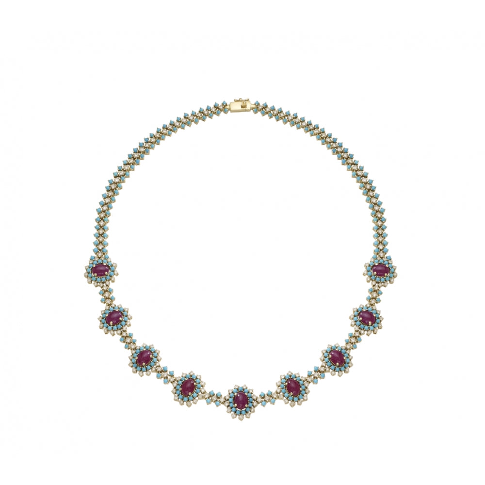 18k Floral Ruby & Turquoise Necklace Devam