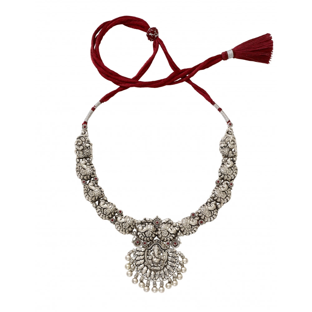 Sterling Silver Necklace With Peacock Motif And Red Stones Devam