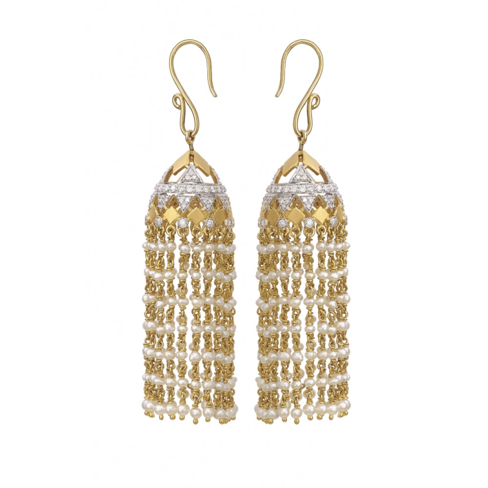 18k Gold Jhumki Earrings With Cascading Pearls Devam