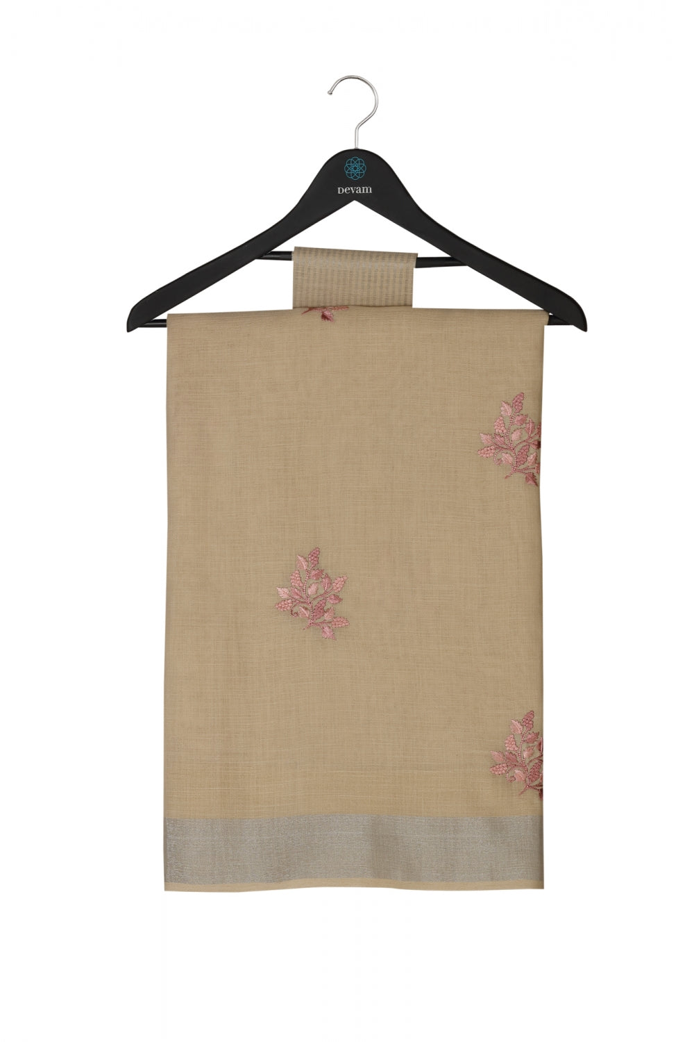 Sandy Tan Floral Hand Embroidered Linen Saree Devam